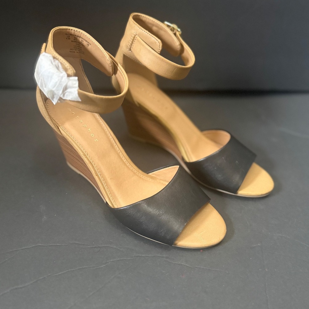 Metaphor Lucerne Womens Wedge Sandals Black Tan Ankle Strap Size 8.5M 42453